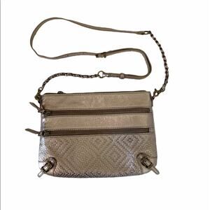 Elliot Lucca Messina silver metallic pewter leather 3 zip crossbody bag purse